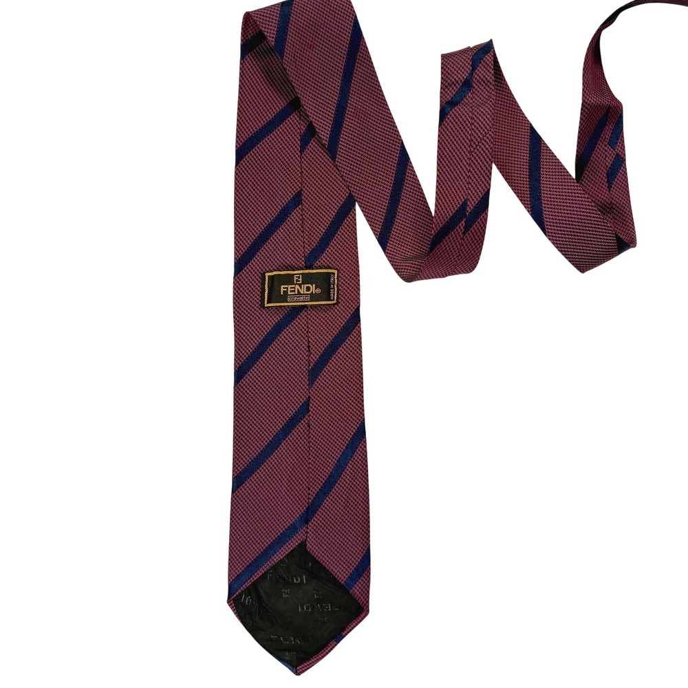 Fendi Mens Silk Necktie Burgundy Navy Blue Diagonal Stripe Made in Italy